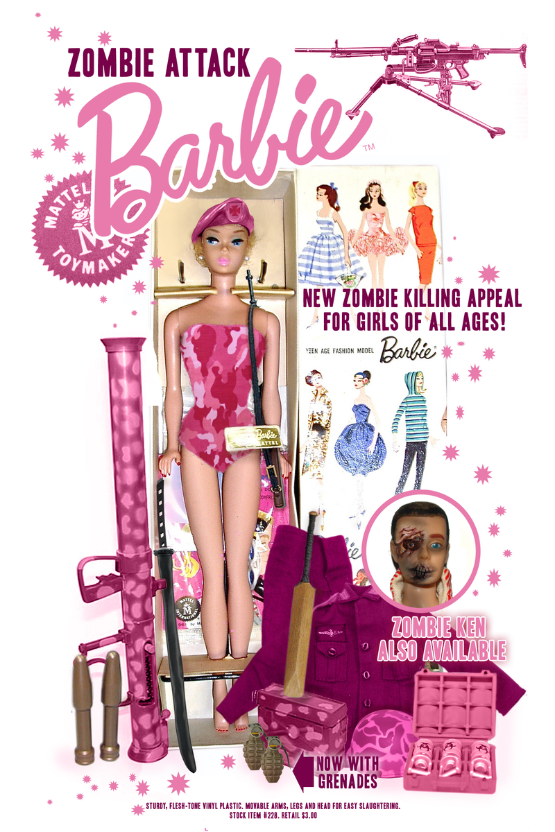Illustration for article titled Zombie Attack Barbie slaughters the undead, while remaining fabulous in pink camouflage